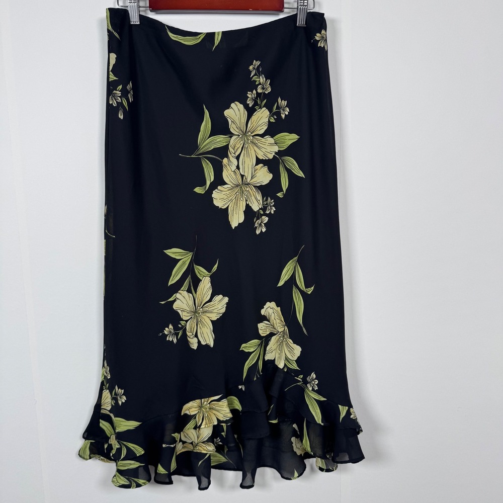 90s Whimsigoth Floral Ruffle Midi Skirt 14 Black Green Cottage Phoebe Buffay Y2K
